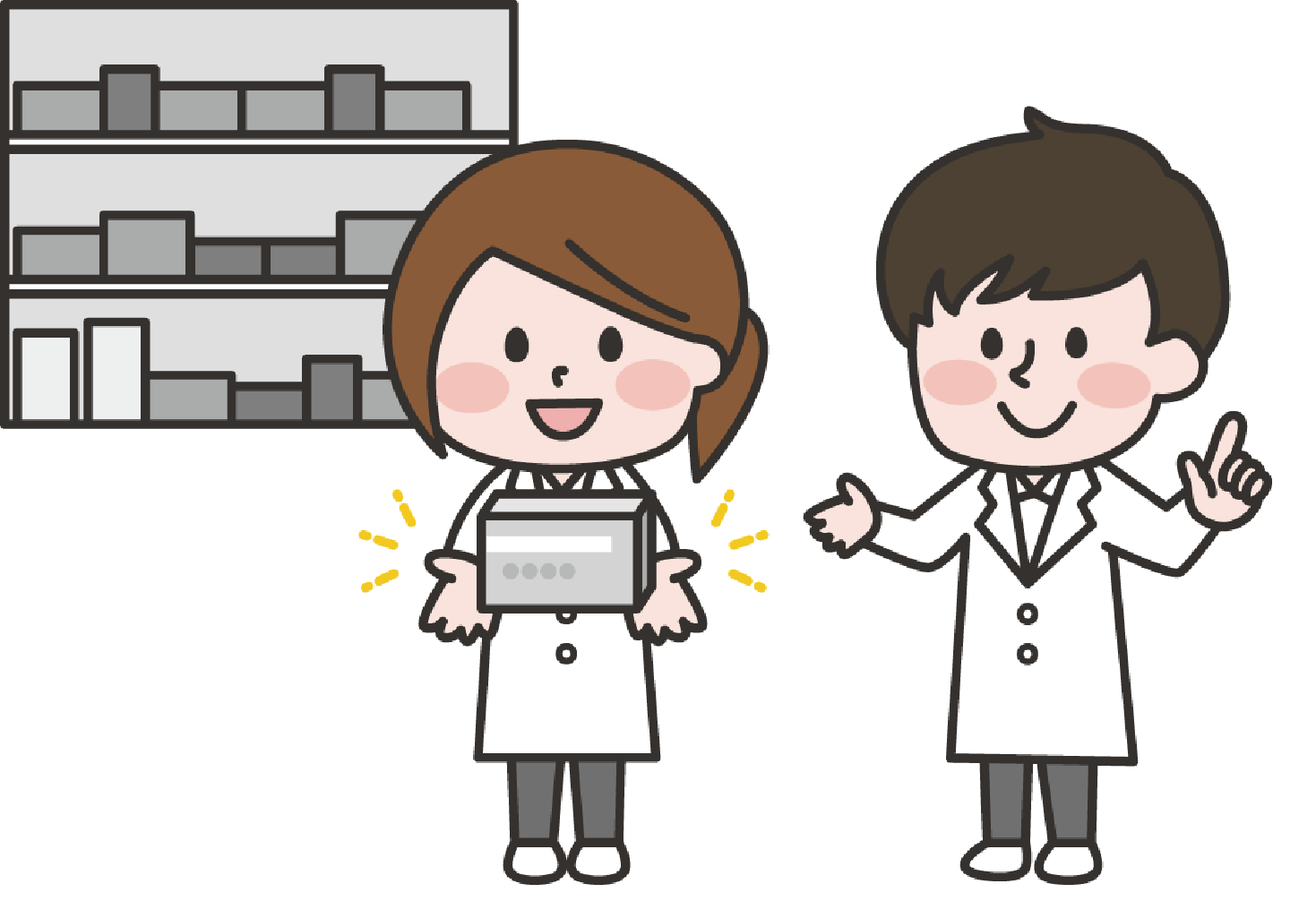 薬剤師の男女が薬棚から選んだ薬を差しだして微笑んでいるイラストです
